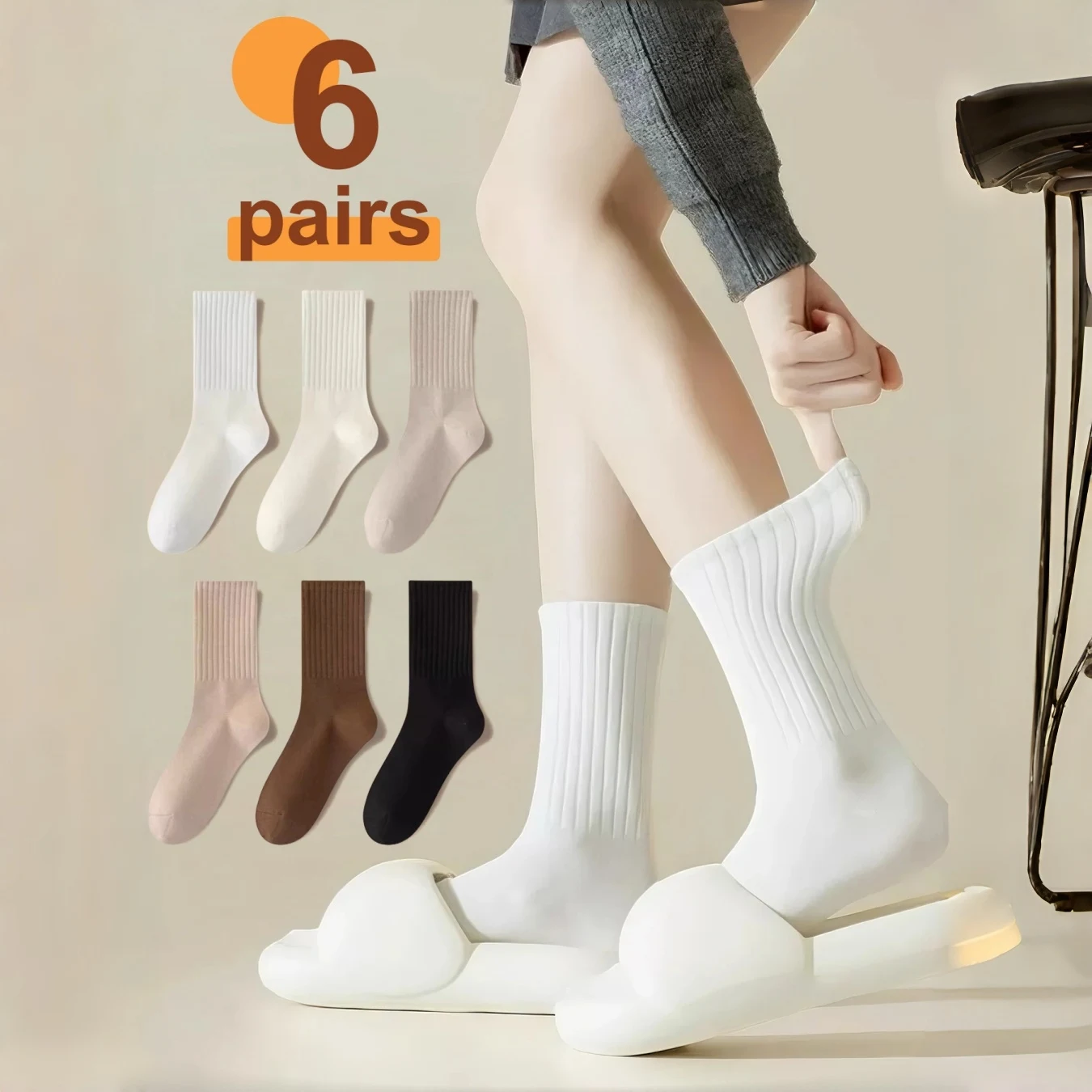 6 Pairs Heap Socks Set - Knee-High Rolled Cuff Ribbed, Multi-Color Soft Elastic Daily Wear for Women Men