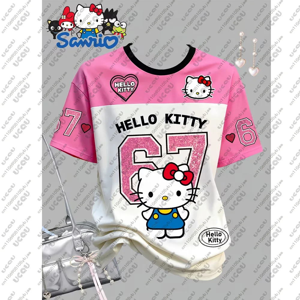 Sanrio Girls kids Hello Kitty Teen T Shirt Soccer Casual Tee Gift Y2k Clothes Football Top Love Hearts Bowknot Number 67 2026