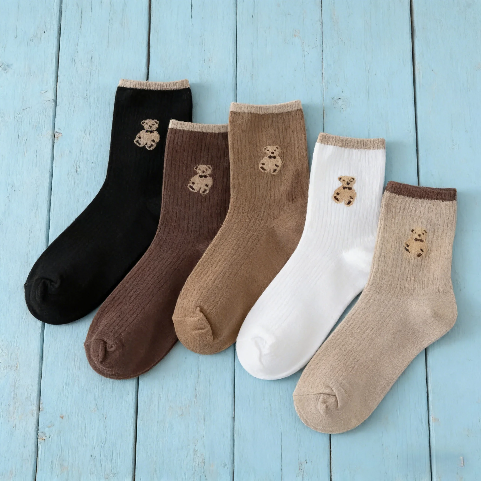 Set of 5 Teddy Bear Print Socks – Soft Cotton Blend with Elastic Cuffs for Comfort and Warmth in Casual Styles