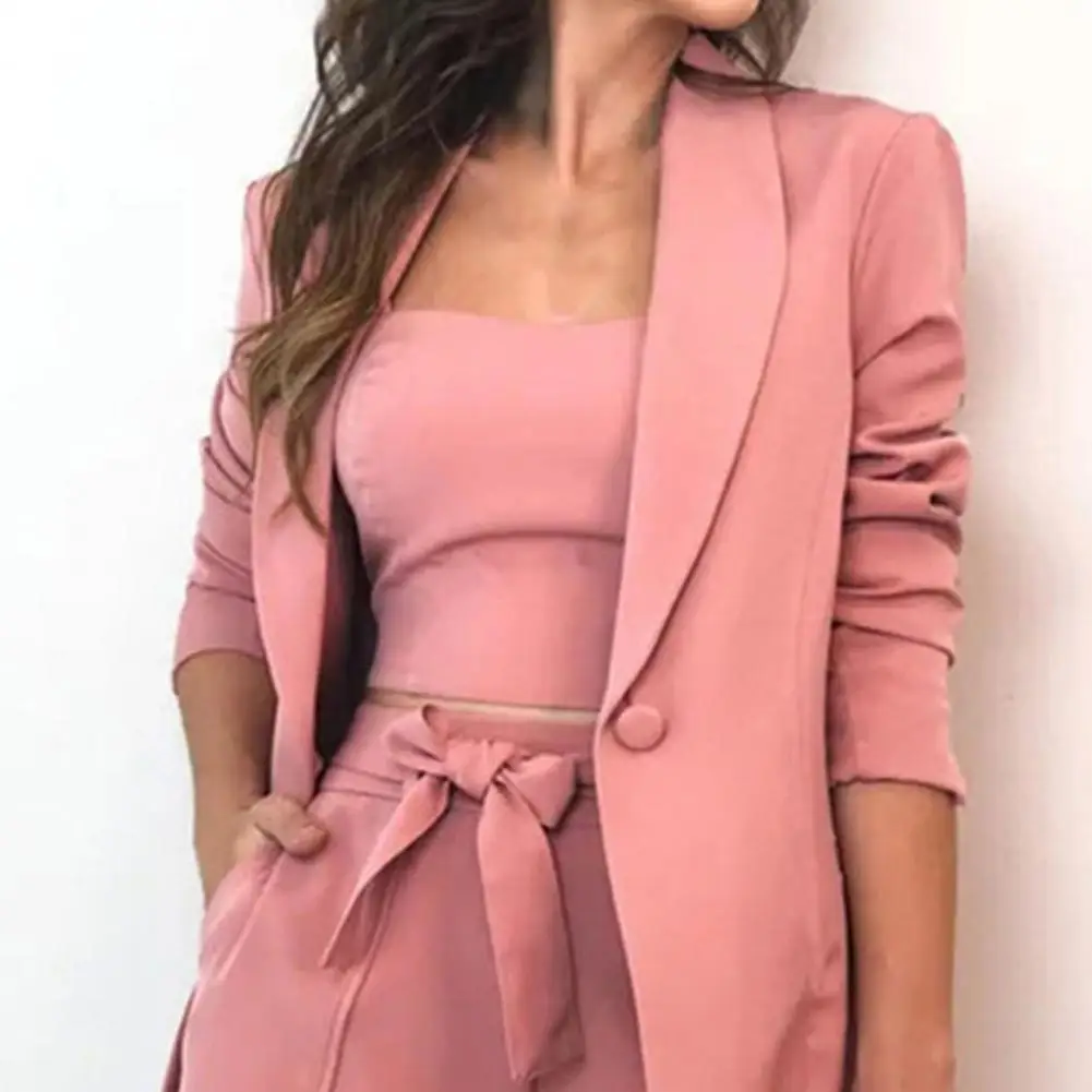 3Pcs Set Women Suit Office Lady Outfit Pockets Solid Color Summer Coat Shorts Vest Set Loose Jacket Business Dress Suit