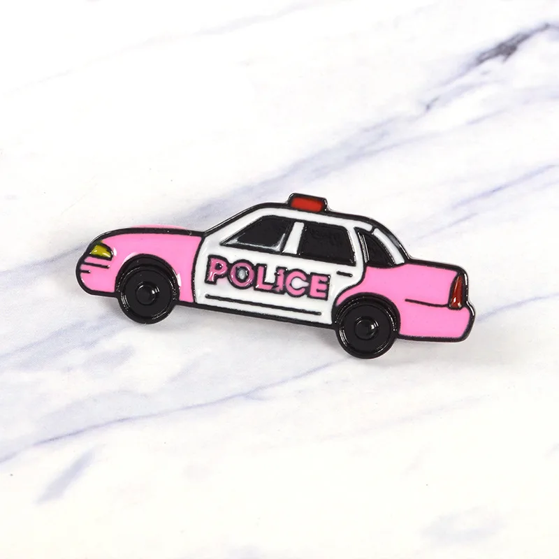 Pink Police Car Enamel Pin Cute Vintage Car Badge Brooch Lapel Pin Denim Jeans Shirt Bag Cartoon Jewelry Gift for Friends Kids