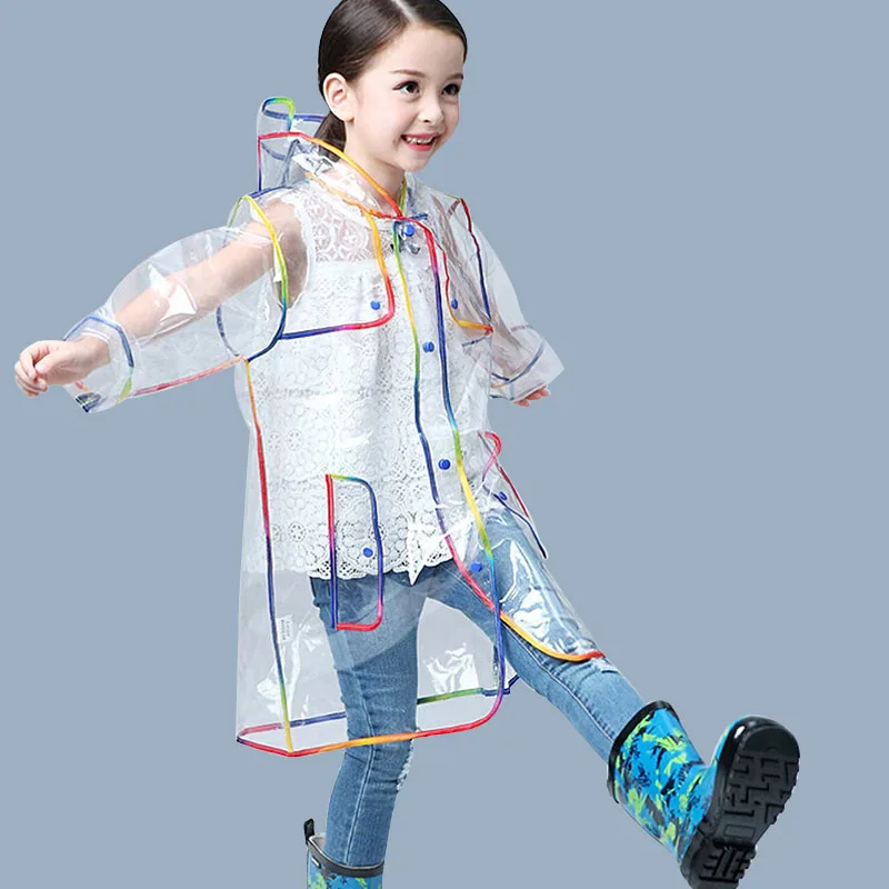 Transparent Rainbow Edge Raincoat Waterproof EVA Children Rain Coat Windproof Rain Jacket Poncho Hat Kindergarden Rain Gear