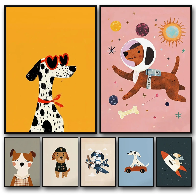 Colorful Cartoon Dog Illustrations Poster Canvas Paintings Cute Animal Nordic Wall Art Pictures Kindergarten Home Decor No Frame