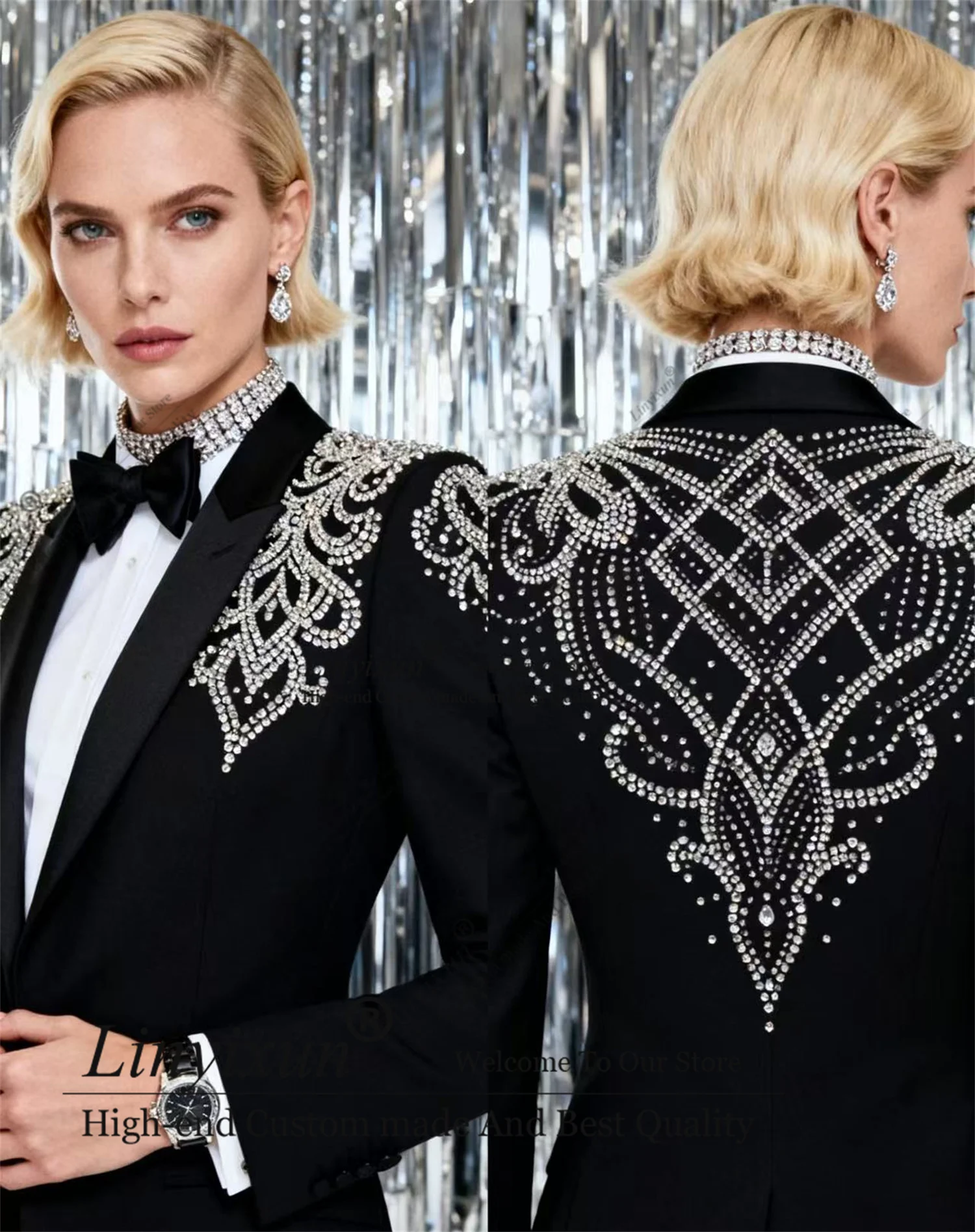 Shining brightly Rhinestones Customized Women's Suit 2 Pieces пиджак женски Slim Diamond Luxury Womens Clothing Pant