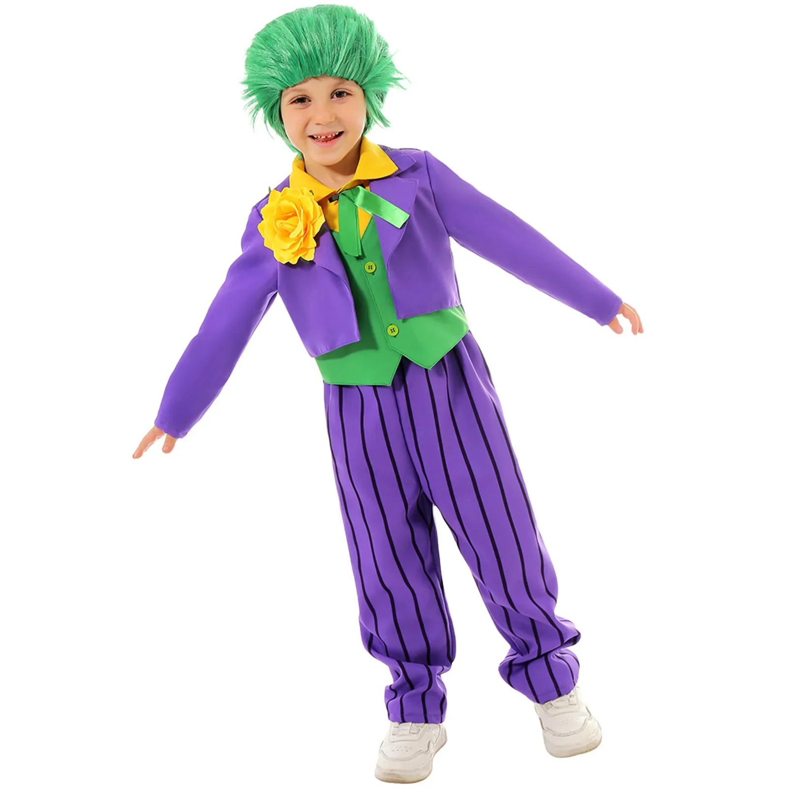 For Child Toddler Boys Joker Comic Cosplay Party Outfits Halloween Joker Costume Green Wig Coat Bow Tie Pants Corsage