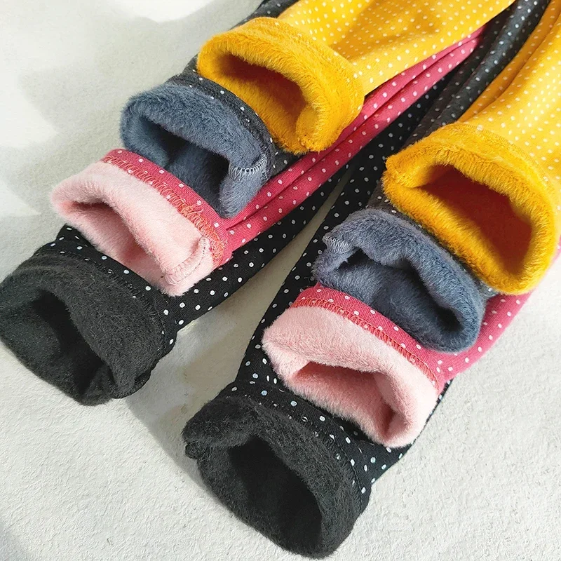 Kids Fleece Leggings Winter Warm Girls Dot Print Cotton Pants Autumn Girl Plus Velvet Tights Thicken Trousers Children Clothes