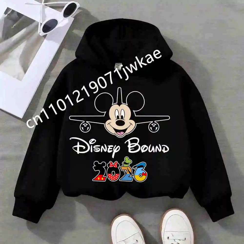 Disney Mickey Minnie Cute Fun 2026 Joy Trip Print Kids Hoodie 2-12 Year Boys Girls Autumn Winter Warm Clothes Children Pullover