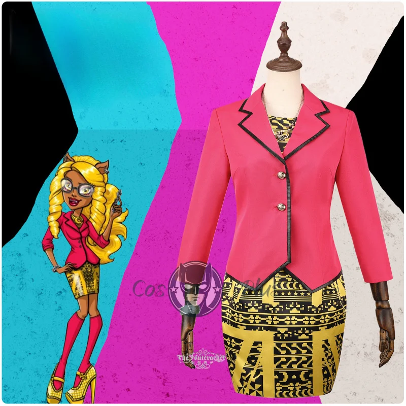 Anime Clawdeen Wolf Cosplay Costume Claudia Coat with Yellow Printed Dress Uniform Halloween Carnival Party Women Clothes New