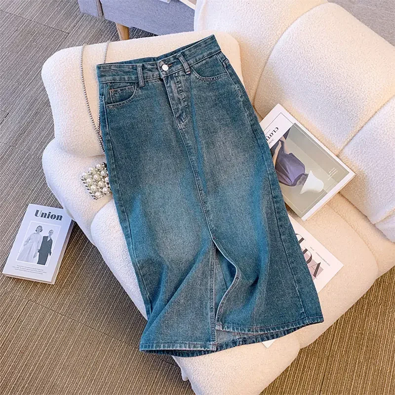 Wrap Women's Denim Skirt Blue Tight Female Jeans Skirts with Slit Luxury Elegant Stylish Premium Summer 2025 Modest Vintage Chic