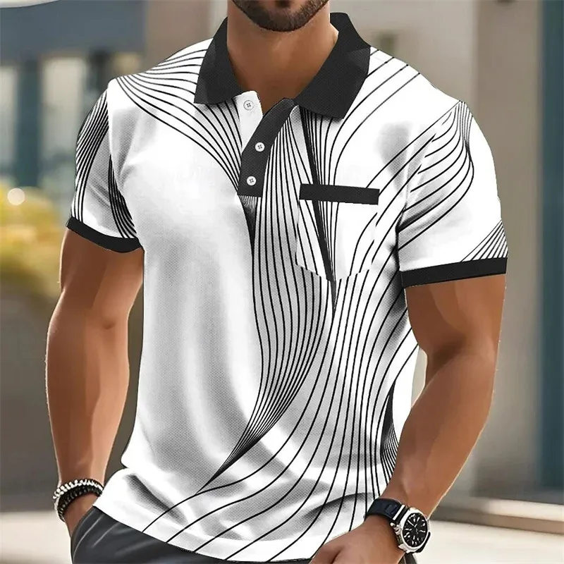 Fashionable summer short-sleeved men's polo shirt with 3d printed stripes, men's lapel, high-quality men's shirt, casual wear