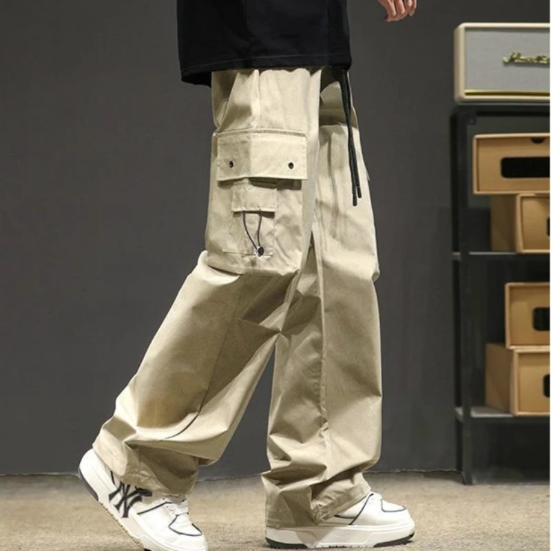 American Style Men Autumn Cargo Pants Thin Lightweight Loose Wide Leg Straight Leg Stylish Functional Long Trousers