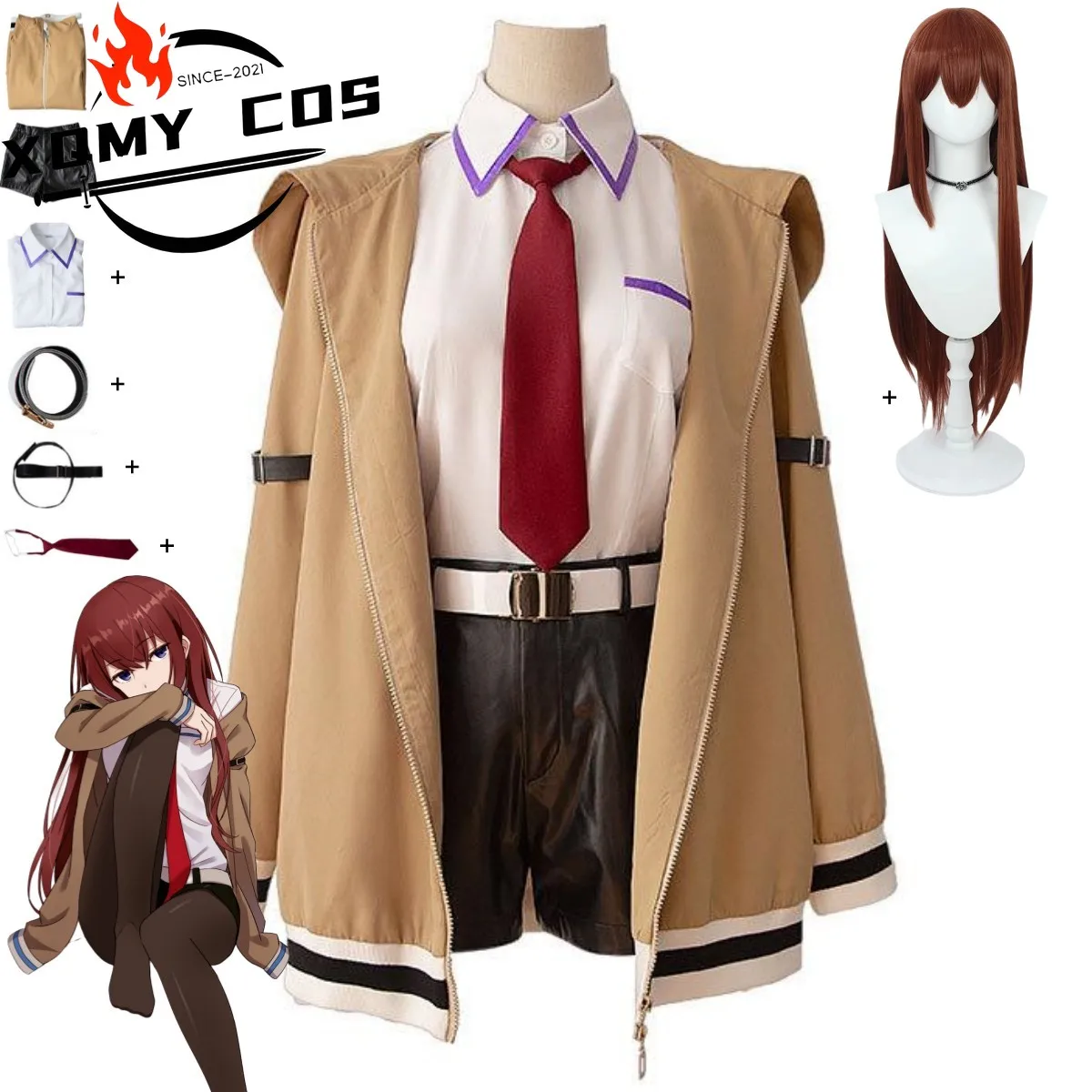 XqGame Steins Gate Makise Kurisu Christina Cosplay Costume Hooded Coat Shirt Shorts Tracksuit Wig Woman Carnival Halloween Suit