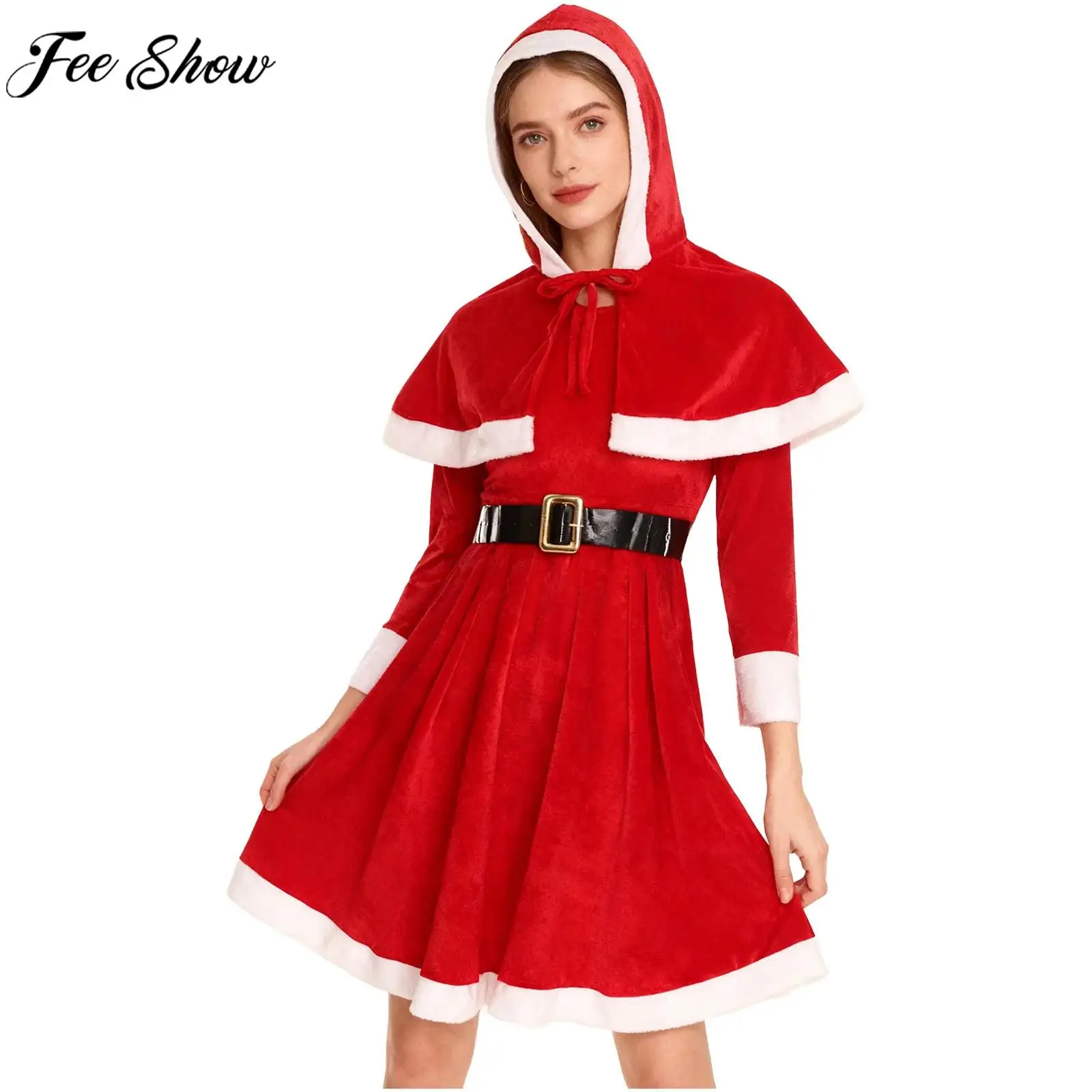 Women Christmas Santa Claus Cosplay Costume Long Sleeve Velvet Dress with Hooded Cape Belt Set for Xmas New Year Party Carnival