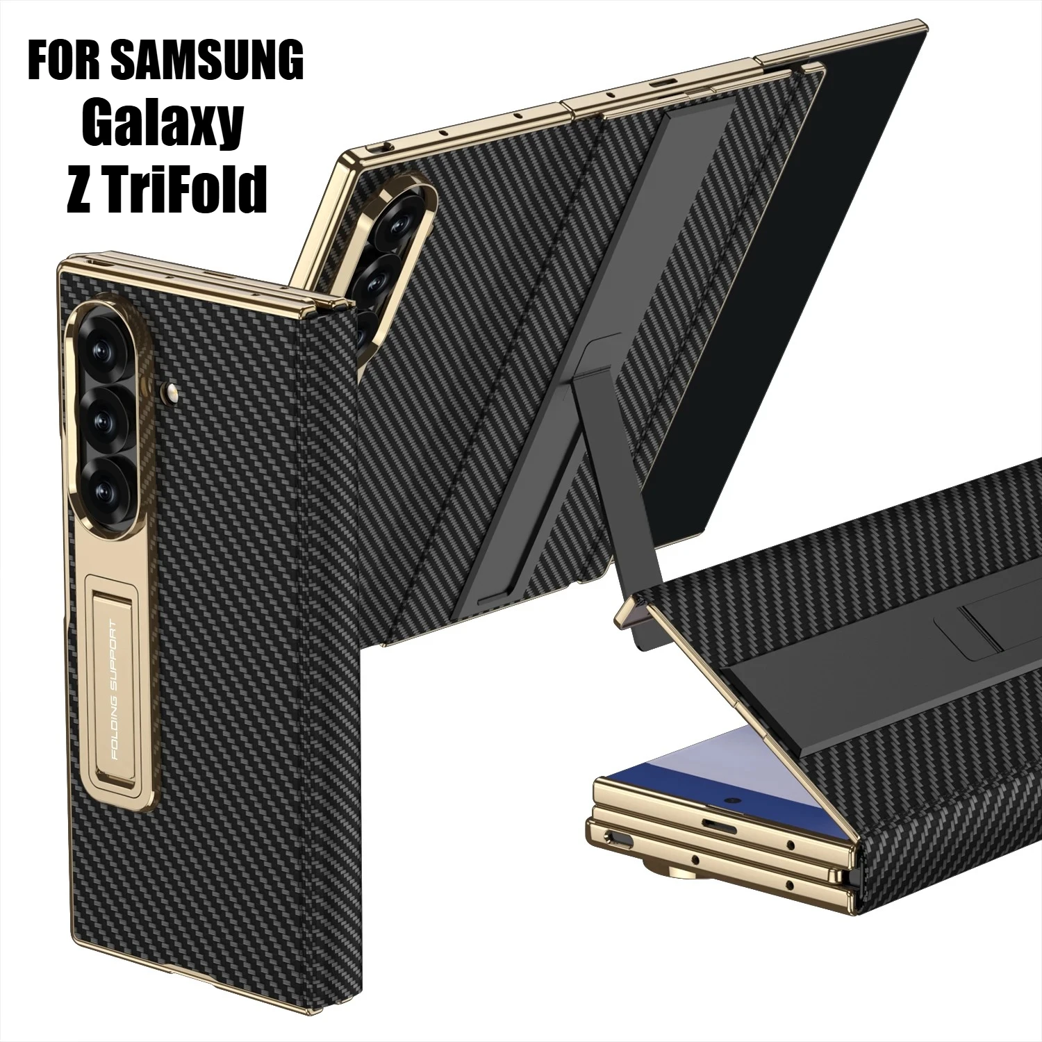 Plating Magnetic Carbon Fiber Leather Hingle Case For Samsung Galaxy Z TriFold Tempered Glass Screen Protector Kickstand Cover