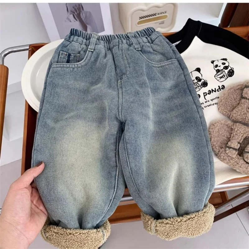 Fleece-lined Boys Jeans Girls Plush Velvet Denim Pants New Kids Winter Thickened Warm Trousers Children Padded Clothing 2-8Y