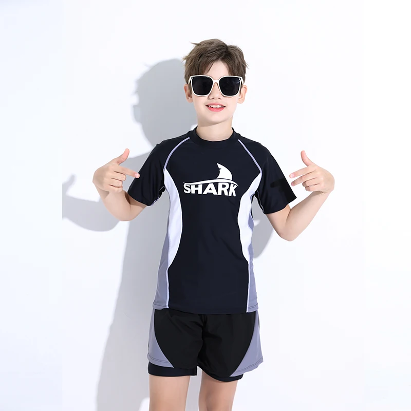 New Boys Swimming Costume Large Boy Swim Set Swimming Shorts Teenager Sports Kids Swimwear 3 Piece Rash Guard Short Sleeve