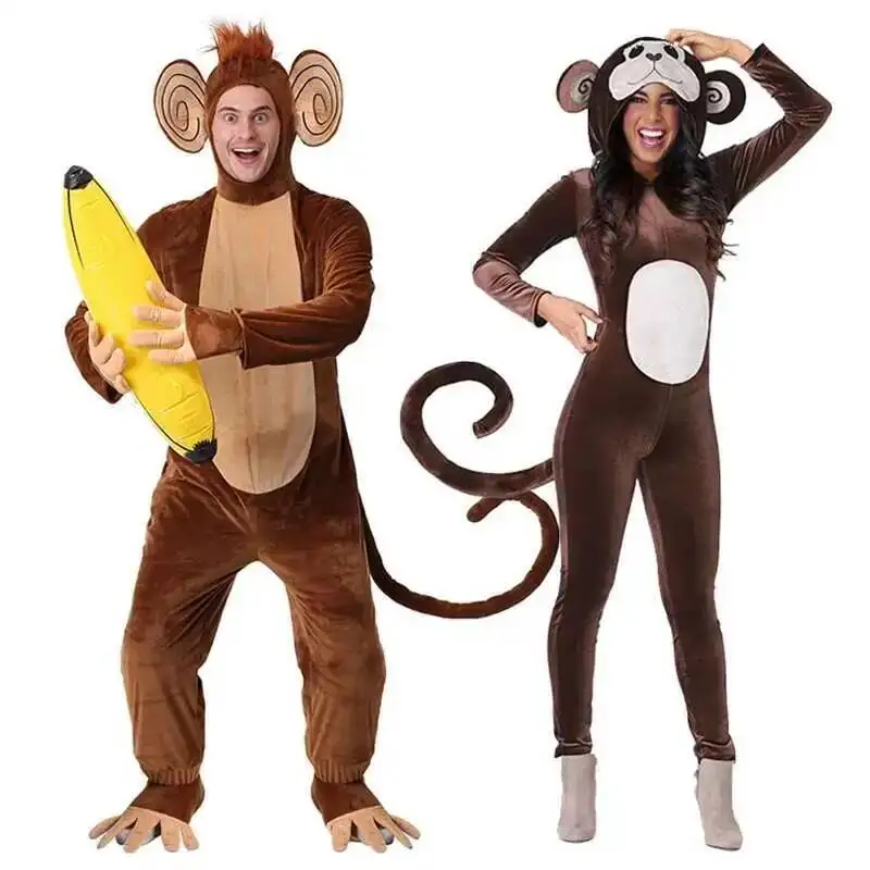 New Brown Monkey Onesie Pajamas Animal Winter Onesie Adults Halloween Banana Cosplay Costume Party Gift for women