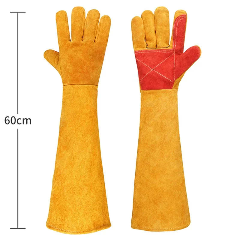 23.6inch Long Sleeves Leather Welding Gloves, Heat Resistant Stove Fire Gloves, Puncture Resistant Gloves for Garden