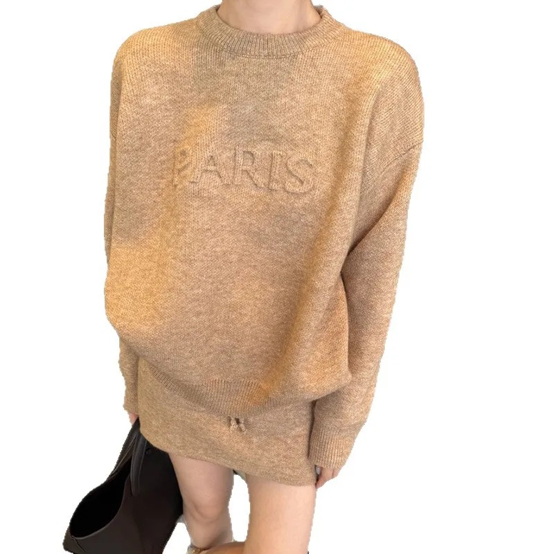 Casual Two-Piece Set Letter Embossed Pullover Outfit Long Sleeve Knit Skirt Set Mini Bodycon Wool Co-Ord For Women Cozy Warm