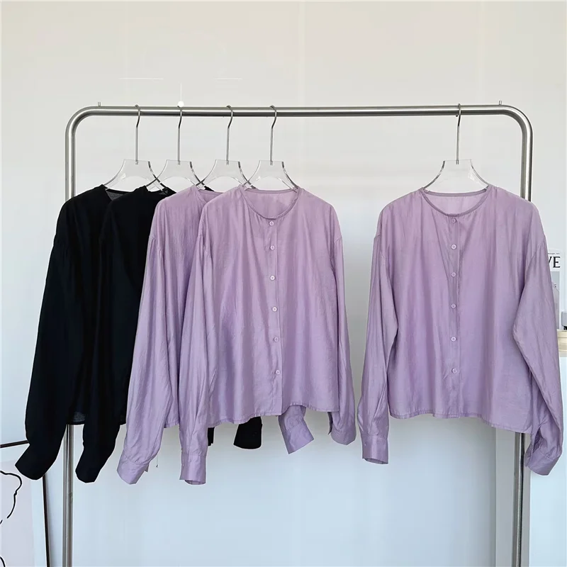 2026 Spring Women New Rayon O-Neck Shirts Long Sleeves Simplicity Solid Comfortable Lightweight Smooth Minimalism Style Cardigan