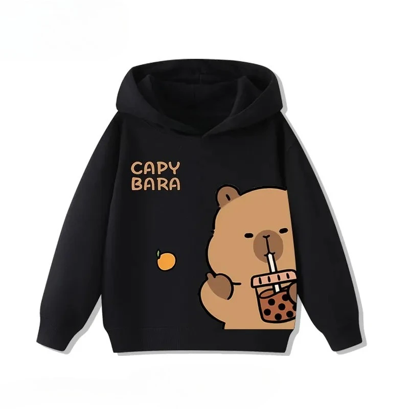 Cartoon Capybara Print Fleece Children's Hoodies Autumn Winter Casual Fashionable Cute Boy Girl Hooded Sweatshirt Pullover Top