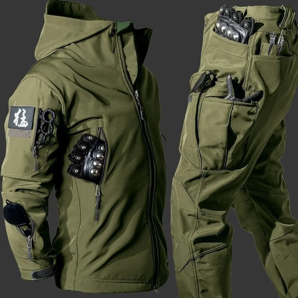 6XL 2025 Men's Shark Skin Soft Shell Jacket Outdoor Winter Tactical Waterproof Warm Coat Fleece Lined Tactical Suit Winter Set