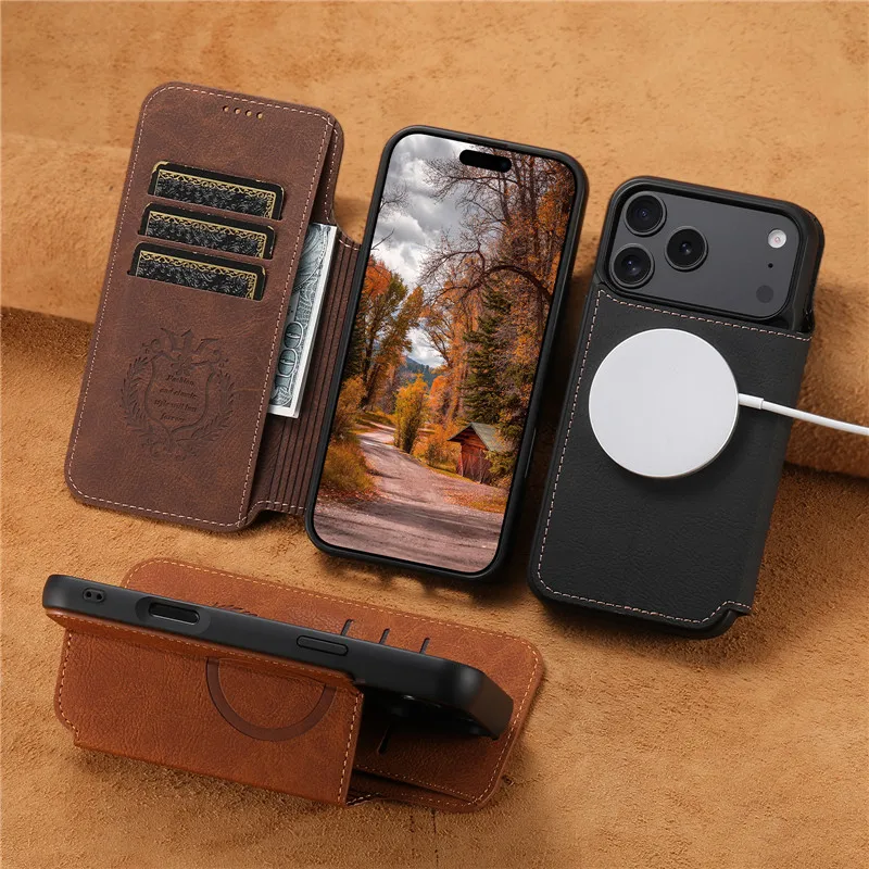 Retro Leather Wallet Flip Strong Magnetic Cover For iphone 12 13 14 15 16 17 Pro Max Air Multi Card Slots Phone Holder Case