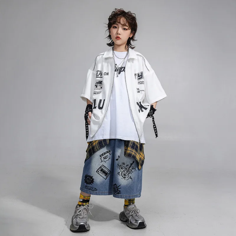 Kid Kpop Hip Hop Clothing White Short Sleeve Zip up Shirt Denim Blue Print Jeans Shorts for Girl Boy Jazz Dance Costumes Clothes