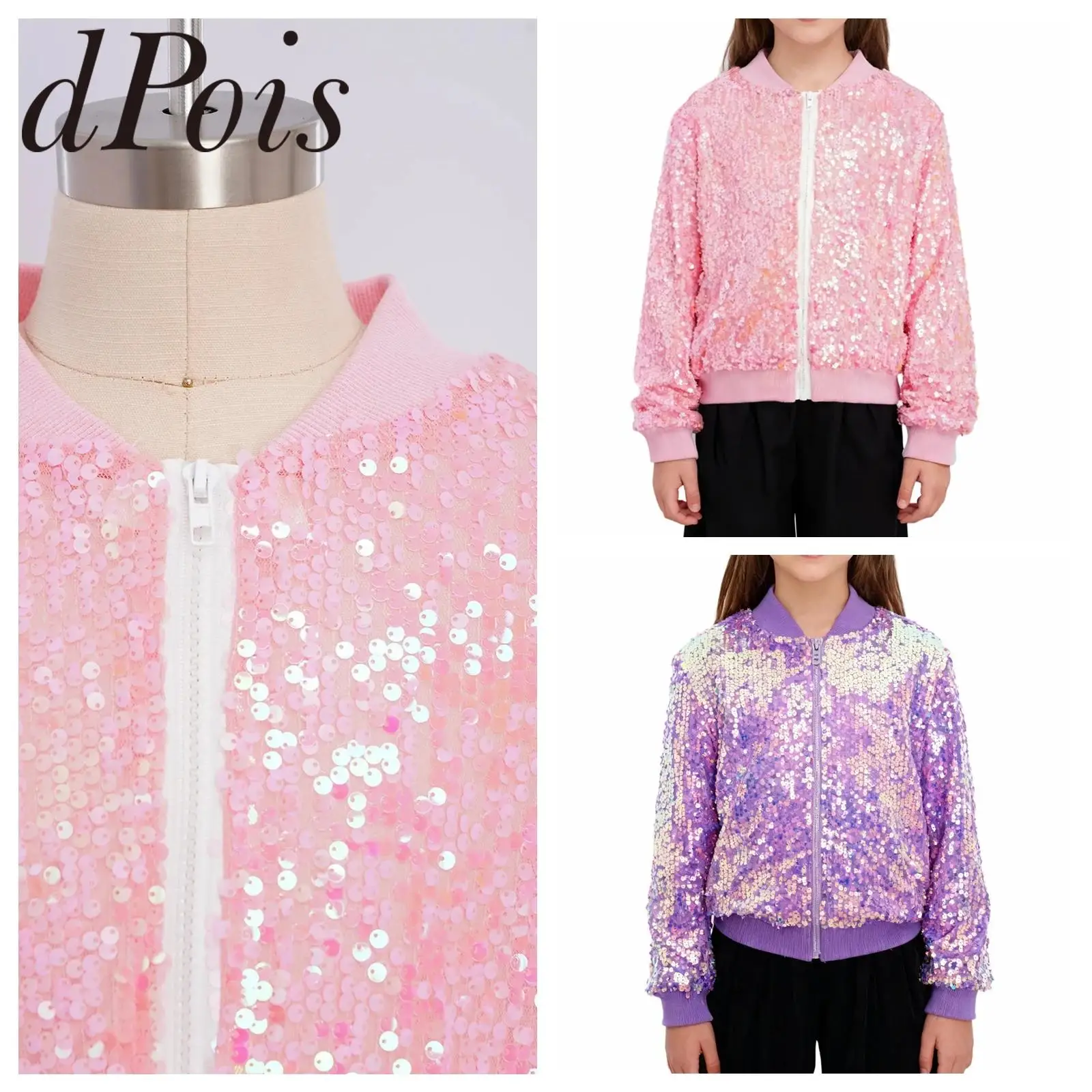 Children's Sequins Jackets Hip Hop Street Coat Kids Sparkling Tops Girls Fahsion Jazz Dance Prom Party Costume Zipper Outerwear