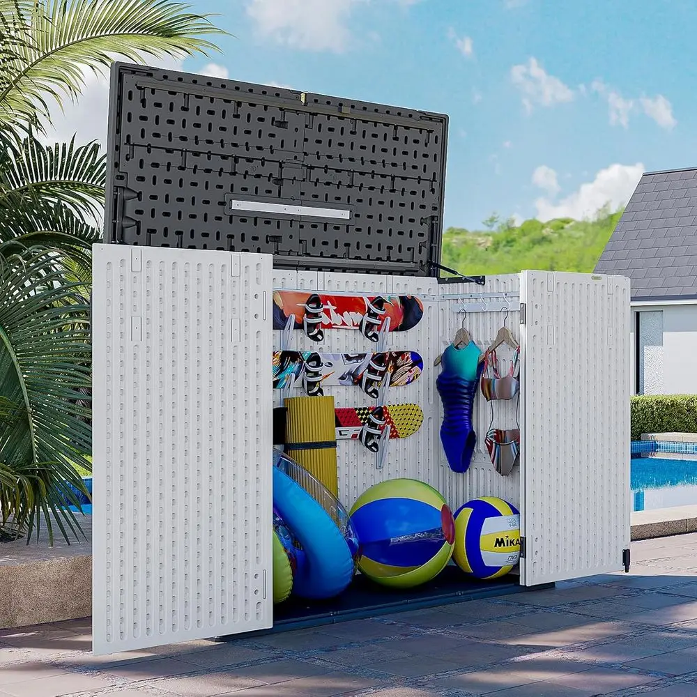 Lockable Waterproof Outdoor Storage Cabinet, 41 Cu.ft HDPE Shed with Spring Lid, Ideal for Patio, Garden, Pool, and Tools, White