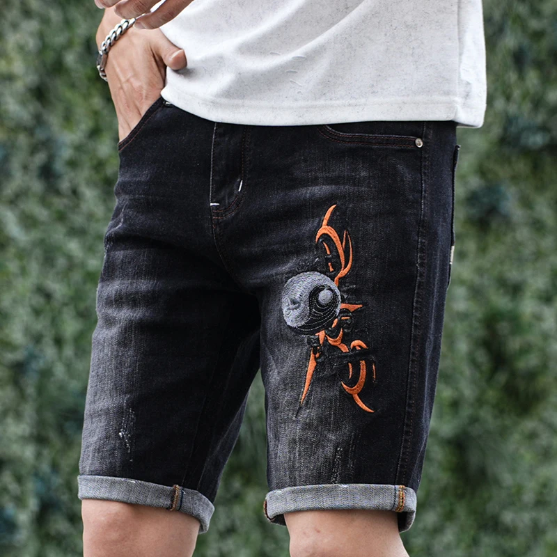 New Men's Shorts Summer Washed Stretch Denim Shorts Fashion Tai Chi Embroidery Short Jeans Male Streetwear Brand Clothing