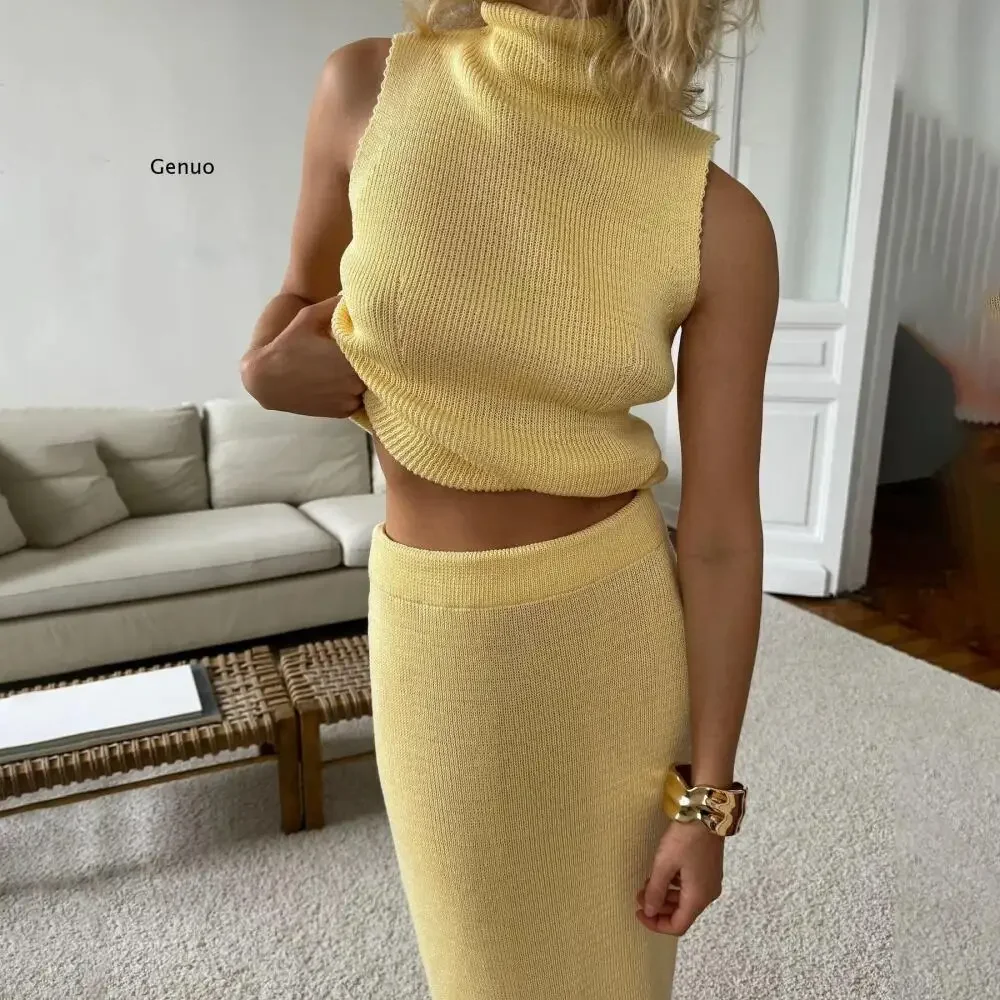 Women's New Arrival Western Style Knit Turtleneck Cottagecore Chic 2-Piece Set Turtleneck Tank Top Midi Skirt Versatile Style