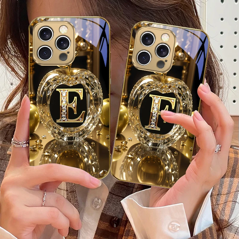 High end golden letter 'F' For IPhone 16 17Pro Max 15 P ro 14 13 Plus 12 Mini 11Pro Max XR 16E 17 Air Golden glass phone case