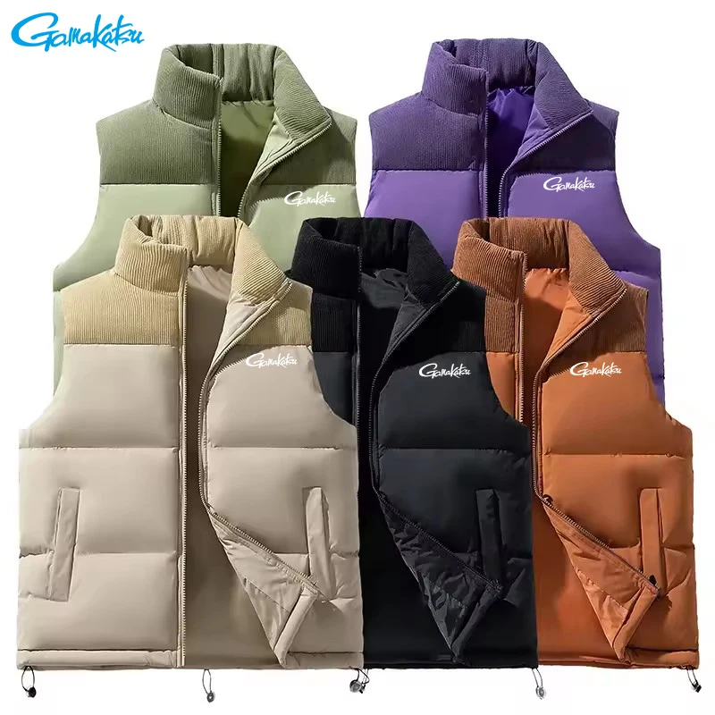 New Gamakatsu Thickened Cotton Fleece Lined Corduroy Vest Rainproof Windproof Sleeveless Stand Collar Outdoor Jacket for Men