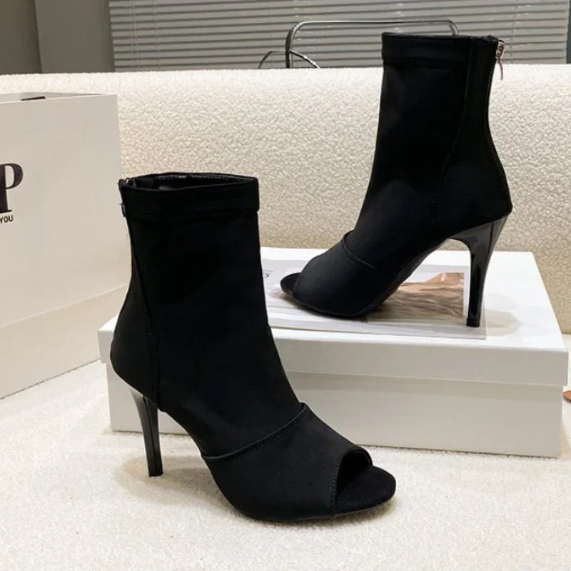 2025Women Ballroom Latin Dance Shoes Black Soft Bottom Bachata Salsa Dance Sandals thin Heel Sock Boots