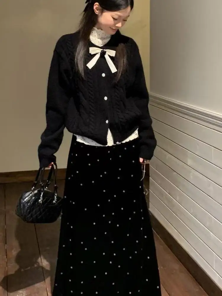 plus Size Knitted Sweater And Polka Dot Skirt Set Ele Autumn Winter Faion Ensemble for plus Size Women Knot D...