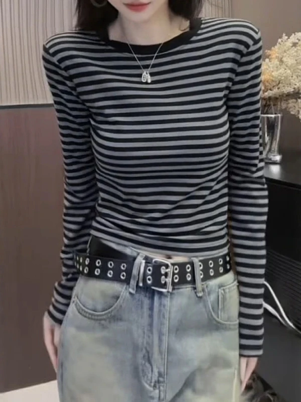 Slim Fit Striped Long Sve T-irt Women Early Spring plus Size Fat MM Appears Thin Underwear Base irt Top Commute Sle