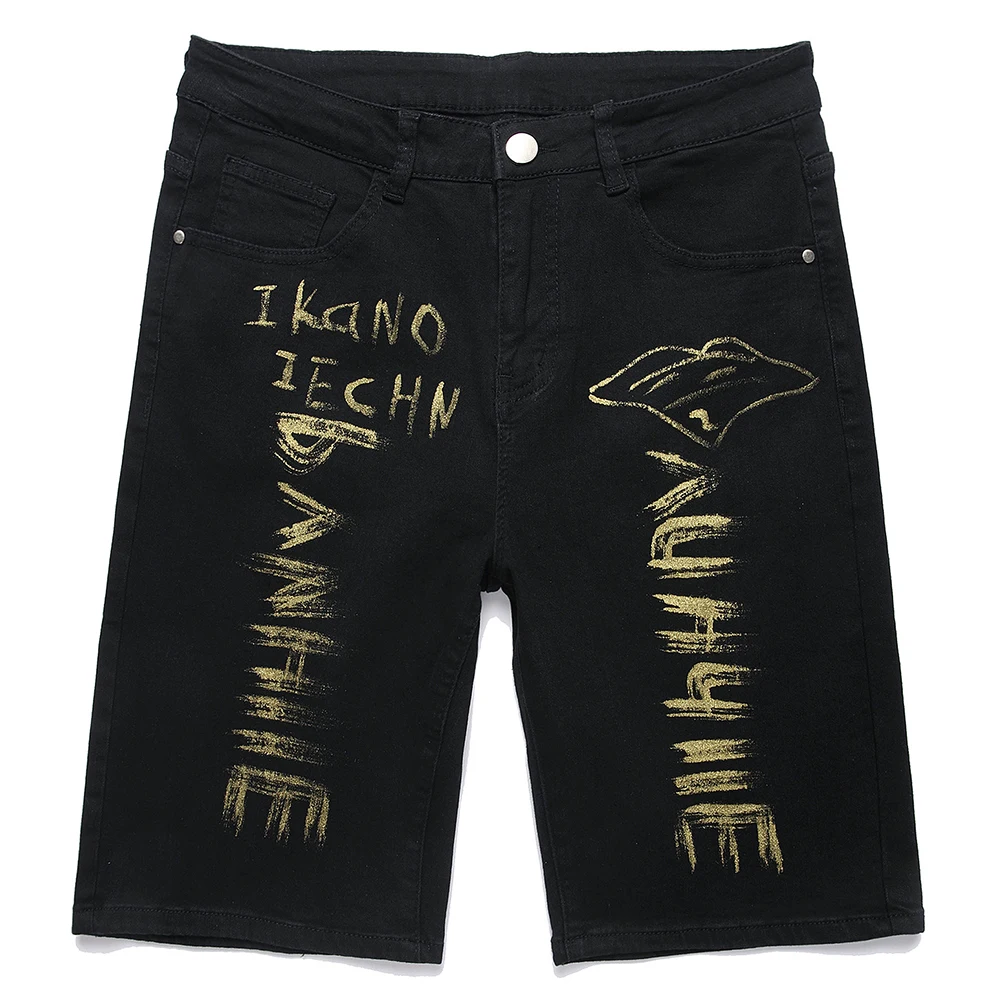 Men's Summer Graffiti Letter Print Denim Shorts Black Cotton Casual Slim Straight Breeches Jeans
