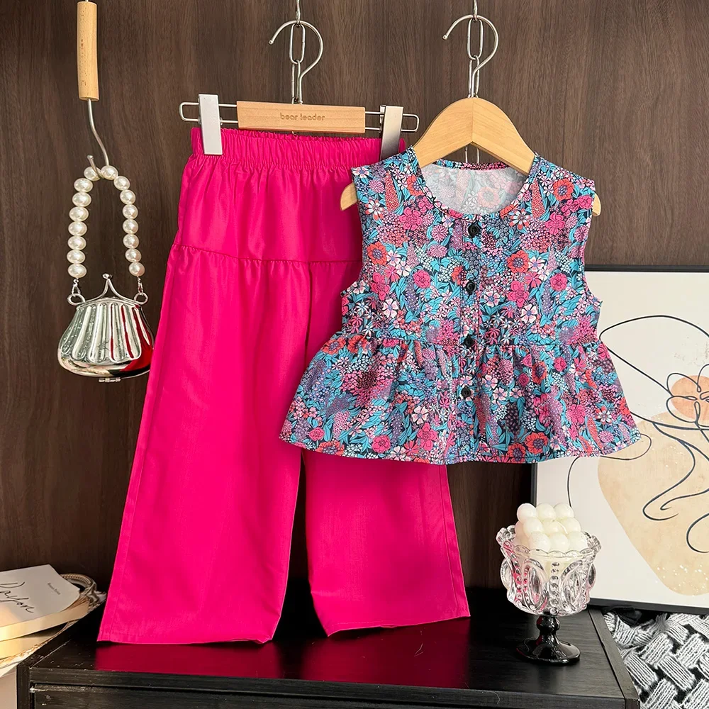 Korean Version Floral Print Girls Suit Single Breasted Sleeveless Round Neck Top+Rose Red Pants 2Pcs Set Summer New Kids Clothes