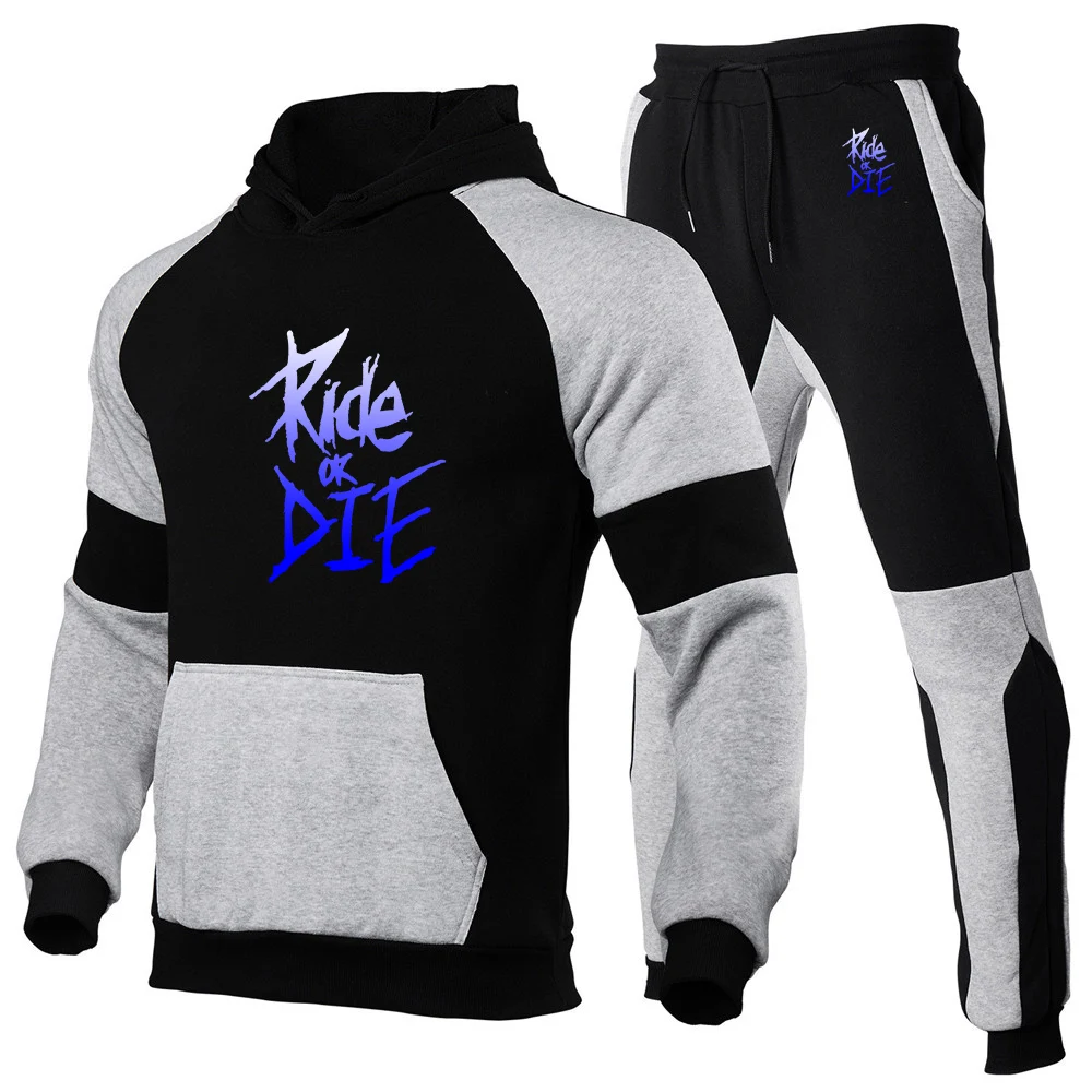 Ride or die bike Print 2026 Men's New Spring And Autumn Patchwork Casual Cotton Hoodies + Sweatpants Harajuku Suit