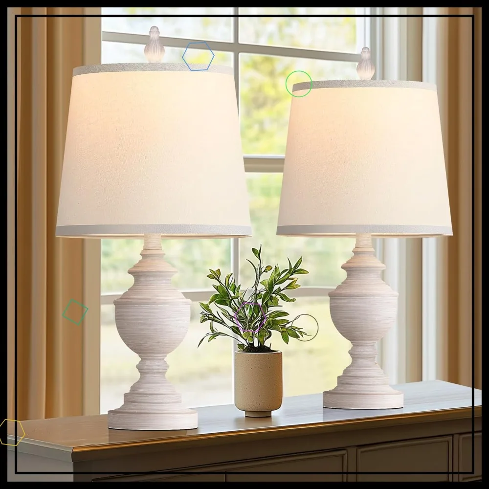 Set of 2 Rustic Farmhouse Table Lamps, 22" Vintage Nightstand Lamps with White Shades for Bedroom and Living Room