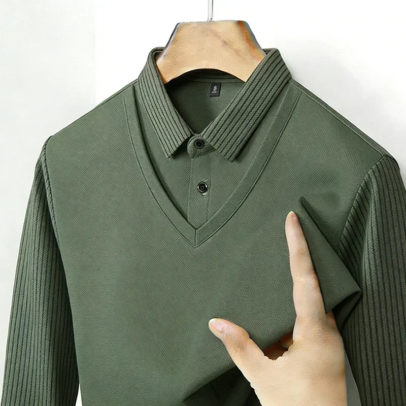 Men's Fake Two Piece Shirt Collar V Neck Long Sleeve Top Khaki Striped Casual Fashion Soft Fabric Daily Wear Blouse