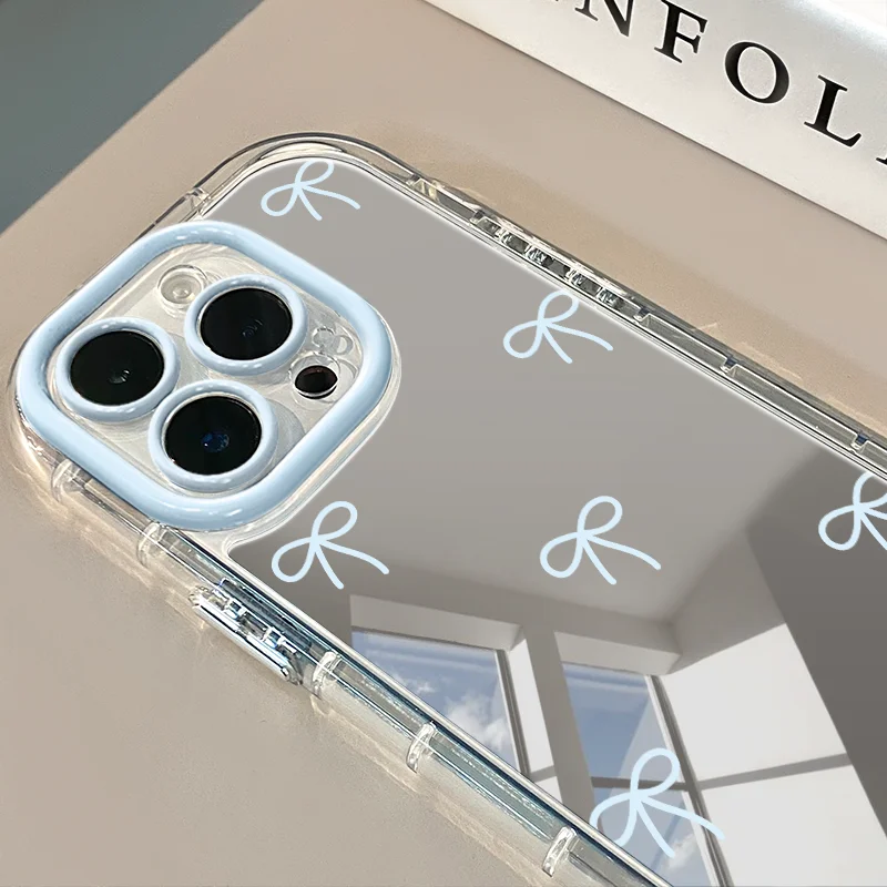 INS Korean Simple Blue Pink Bow Girl Mirror Cute Phone Case For iPhone 17 Air 16 15 Pro Max 14 13 12 11 XR X 7 8 Plus Y2K Cover