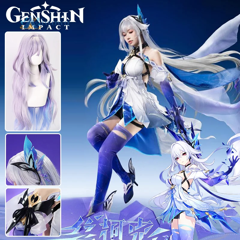 Genshin Impact Skirk Cosplay Costume Wig Dress Headwear Gloves Stockings Props Full Set For Women Girls Crystallina Role Playing