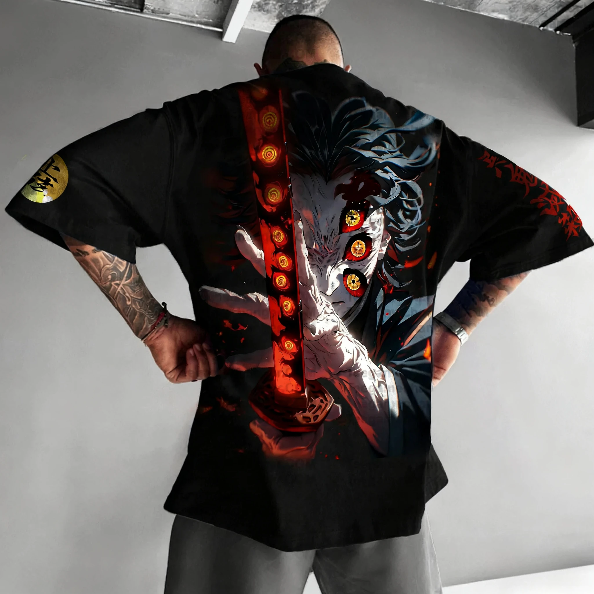 Demon Slayer Halloween Co-branded T-shirt Men's Summer New Kokushibo Anime Print American Trend Casual Loose Parent-child Top