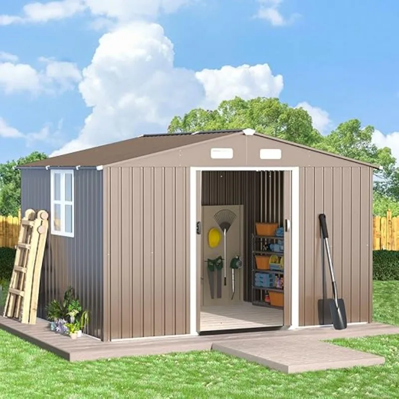 10'x8' Outdoor Storage Shed Outdoor Galvanized Metal Tool Shed with Vents & Sliding Door, Waterproof Garden Shed for Patio