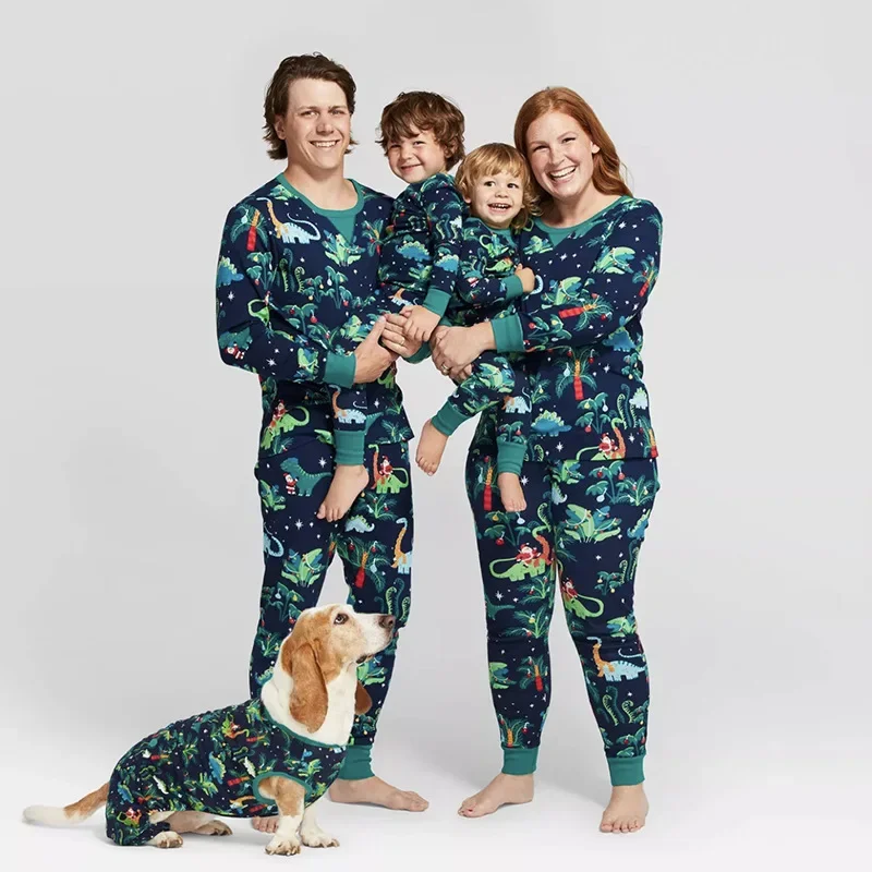 Family Christmas Pajamas Set Mom Dad Kids Baby Dog Matching Outfits Dinosaur Print Soft Warm Sleepwear 2026 Xams Family Pajamas