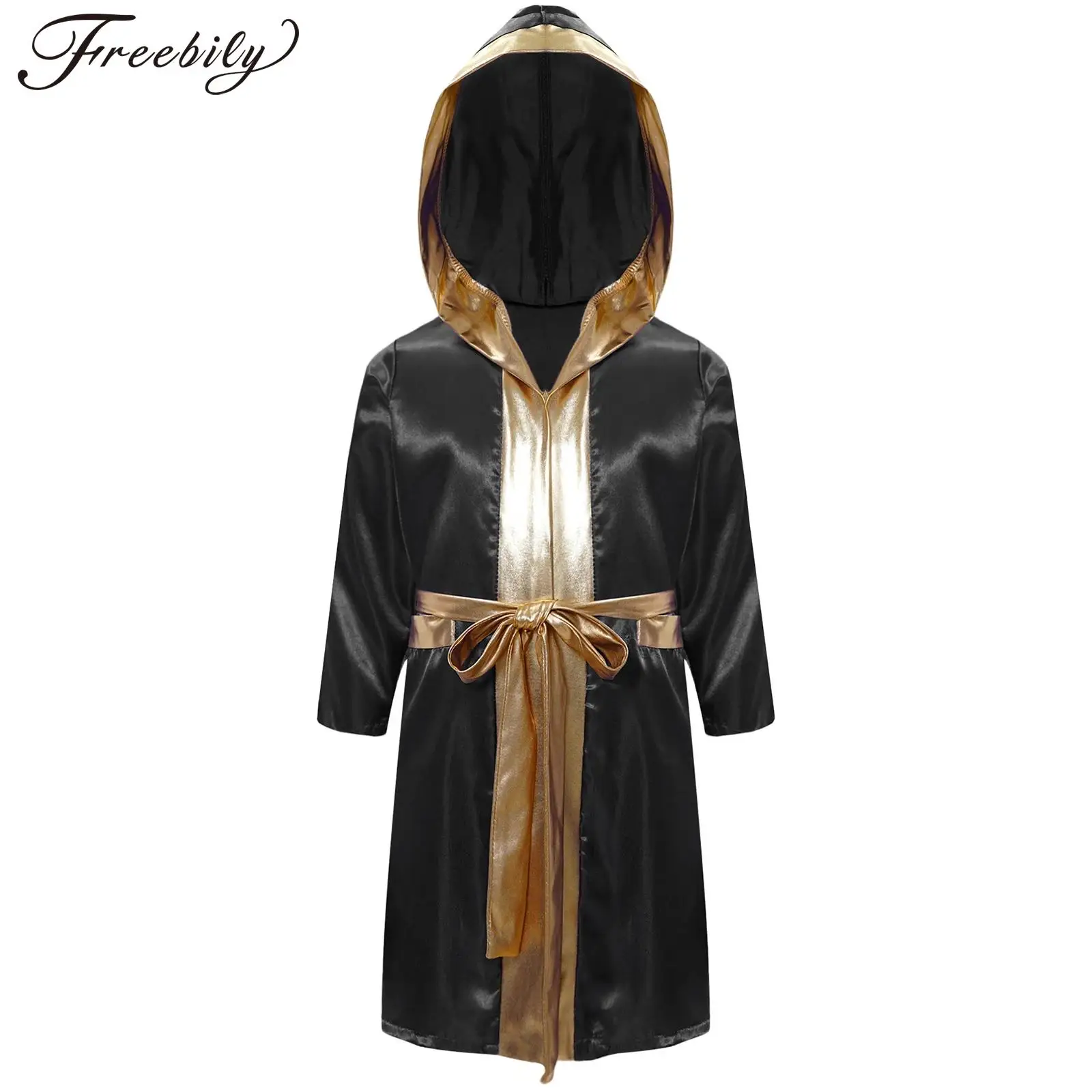 Boys Girls Boxing Robe Halloween Theme Party Boxer Cosplay Costume Long Sleeve Open Front Metallic Satin Hooded Cloak with Belt