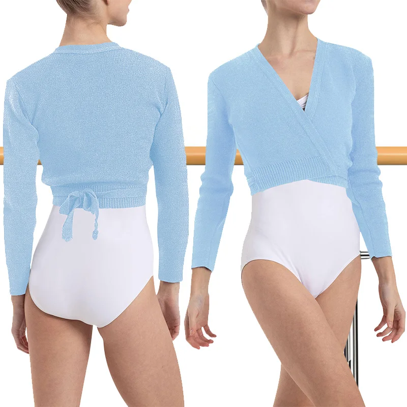  Women's Long Sleeve V-neck Ballet Dance Leotards for kid and adult Gymnastic Dance Wrap Sweater with Waist Strap Dance Sweater
