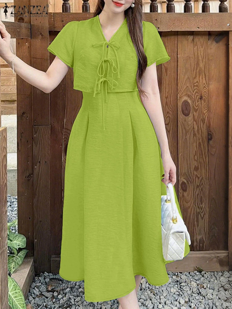 ZANZEA Fashion Summer Outfits 2025 Women Matching Sets Short Sleeve Tie Front Tops Sundress Suit 2PCS Casual Work OL Tracksuits